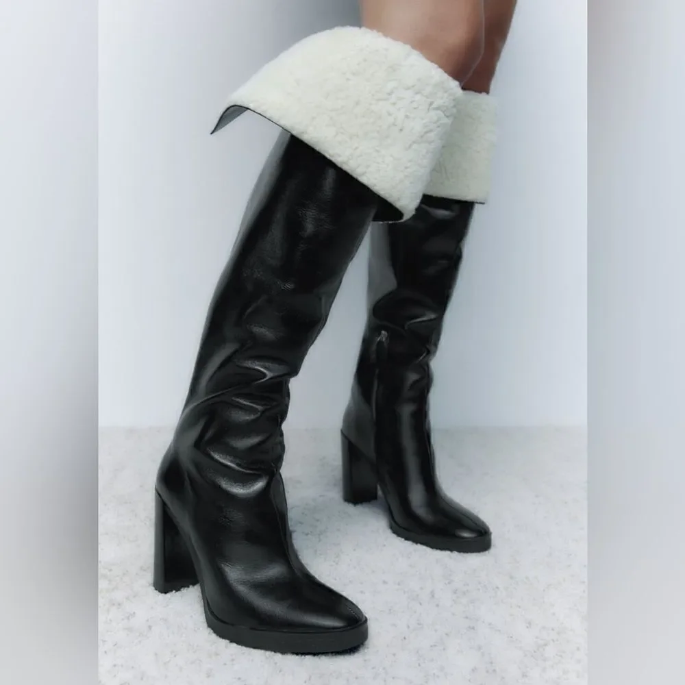 Zara OVER-THE-KNEE LEATHER BOOTS WITH FAUX SHEARLING LINING